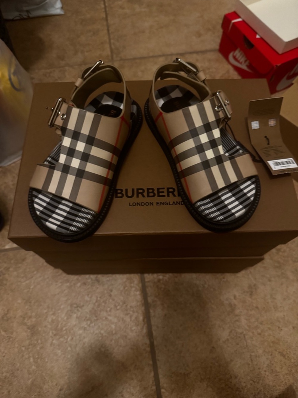 Burberry Kids Tan Nova Check Buckle Sandals
